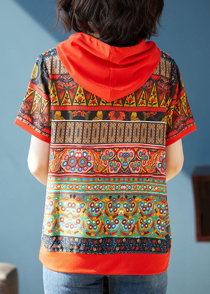 Bohemian Red Hooded Print Patchwork Chiffon T Shirts Tops Summer