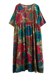Bohemian Red O-Neck Cinched Print Linen Long Dress Short Sleeve