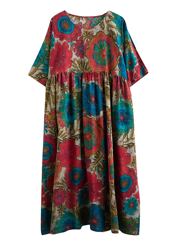 Bohemian Red O-Neck Cinched Print Linen Long Dress Short Sleeve