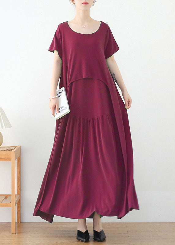 Bohemian Red O-Neck Extra Large Saum Langes Kleid Kurzarm