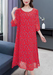 Bohemian Red O Neck Print Patchwork Chiffon Dress Summer