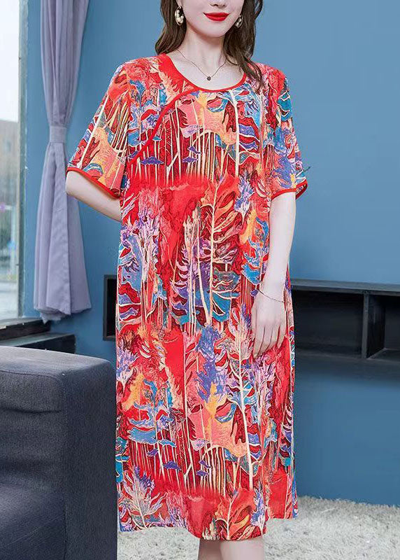 Bohemian Red O Neck Print Patchwork Silk Mid Dress Summer