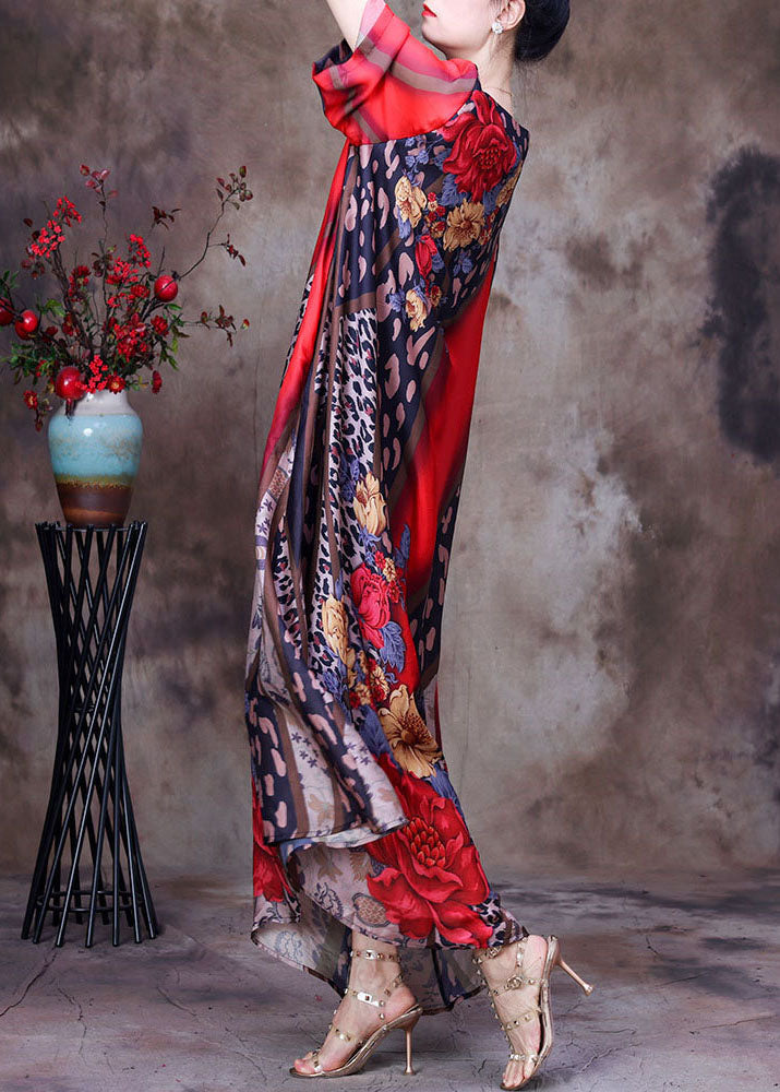 Bohemian Red O-Neck Print Side Open Silk Long Dress Short Sleeve