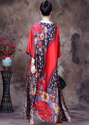 Bohemian Red O-Neck Print Side Open Silk Long Dress Short Sleeve
