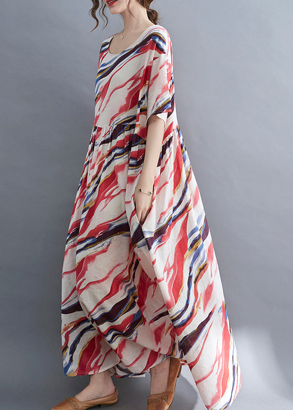 Bohemian Red O-Neck Print zerknittertes langes Kleid mit kurzen Ärmeln