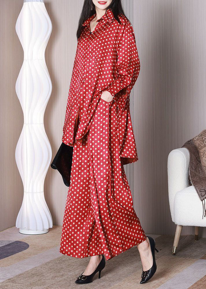 Bohemian Red Oversized Dot Print Draping Silk Two Piece Set Outfits Spring