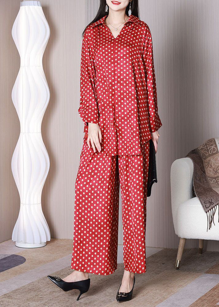 Bohemian Red Oversized Dot Print Draping Silk Two Piece Set Outfits Spring