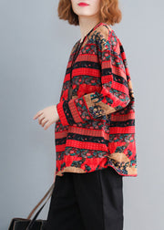 Bohemian Red Oversized Print Cotton Tops Spring