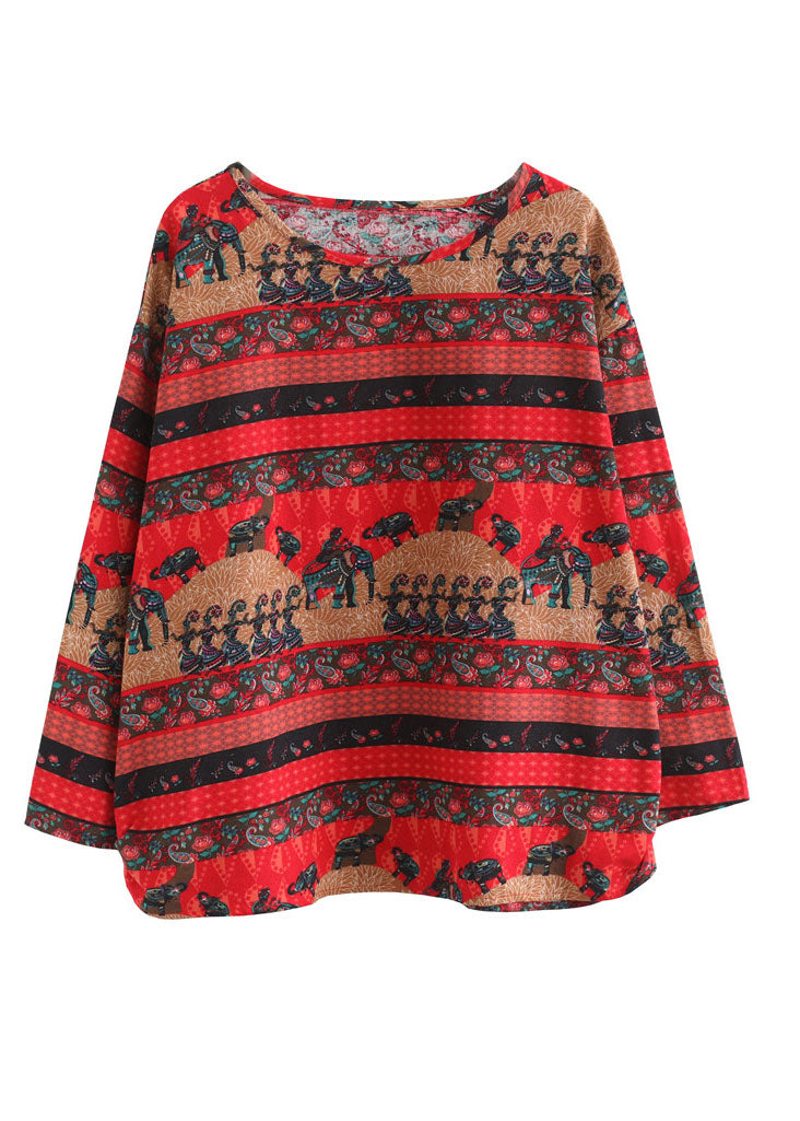 Bohemian Red Oversized Print Cotton Tops Spring