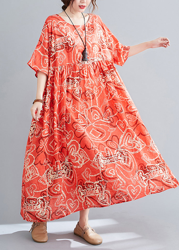 Bohemian Red Oversized Print Exra Large Hem Cotton Dresses Summer