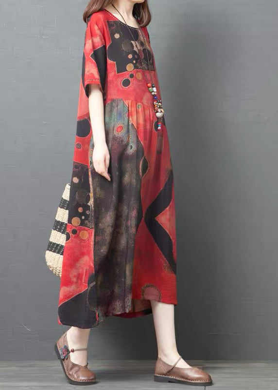 Bohemian Red Oversized Print Linen Dress Summer