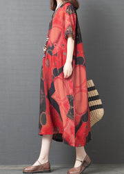 Bohemian Red Oversized Print Linen Dress Summer