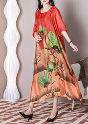 Bohemian Red Oversized Print Silk Maxi Dresses Half Sleeve