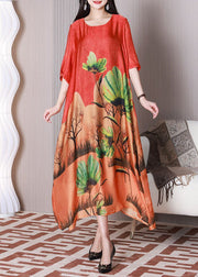 Bohemian Red Oversized Print Silk Maxi Dresses Half Sleeve