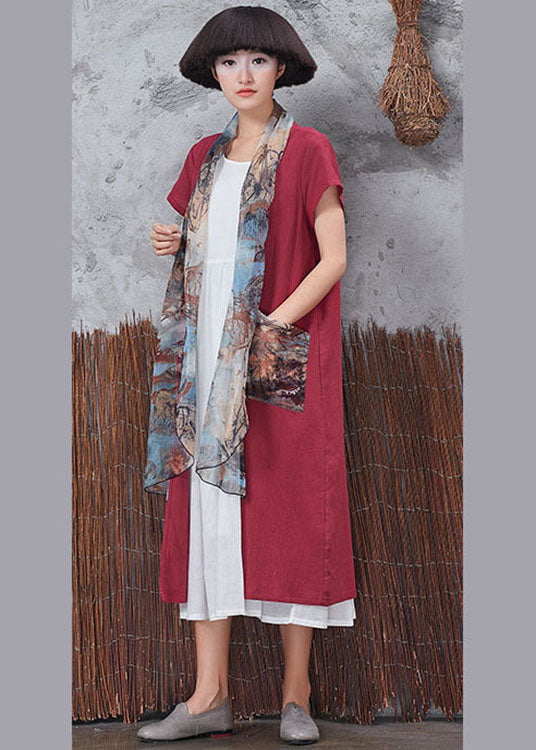 Bohemian Red Patchwork Scarf Collar Cotton Cardigans Short Sleeve