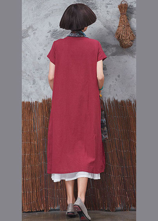 Bohemian Red Patchwork Scarf Collar Cotton Cardigans Short Sleeve