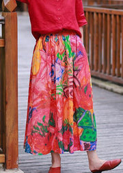 Bohemian Red Pockets Elastic Waist Cotton Skirt Spring