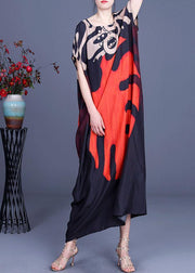Bohemian Red Print O-Neck Silk Summer Maxi Dresses - SooLinen