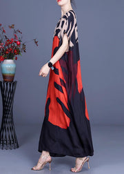 Bohemian Red Print O-Neck Silk Summer Maxi Dresses - SooLinen