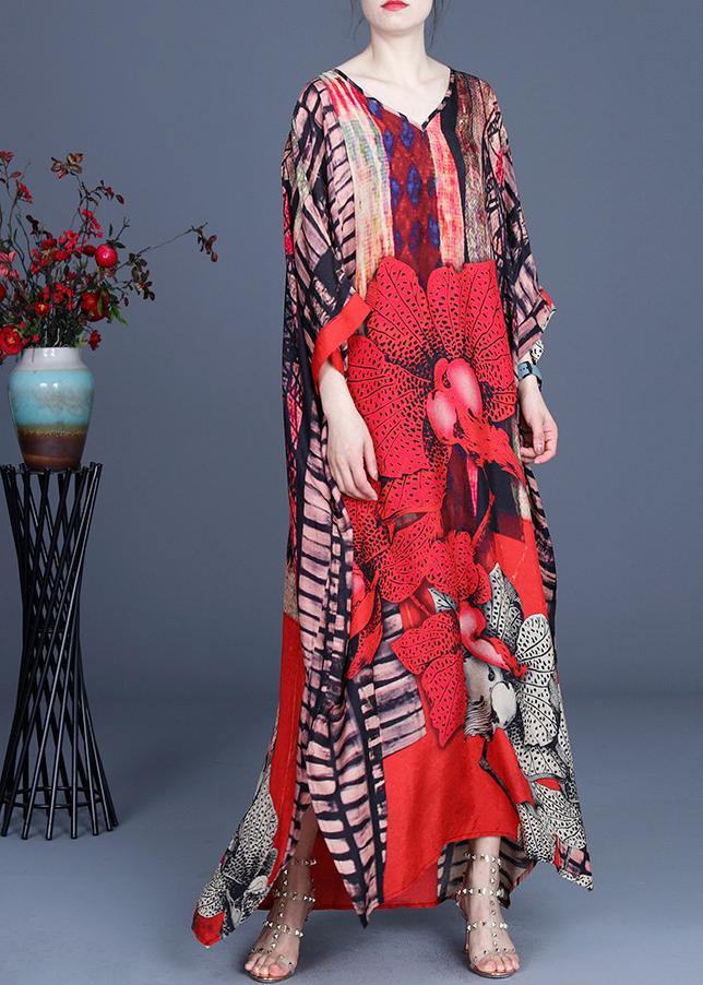 Bohemian Red Print side open Maxi Summer Chiffon Dress - SooLinen