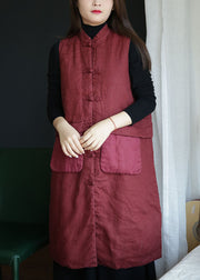 Bohemian Red Stand Collar Pockets Patchwork Fine Cotton Filled Vest Winter