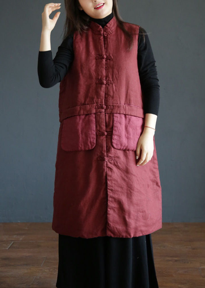 Bohemian Red Stand Collar Pockets Patchwork Fine Cotton Filled Vest Winter