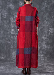 Bohemian Red Stand Collar Print Linen Long Dresses Fall