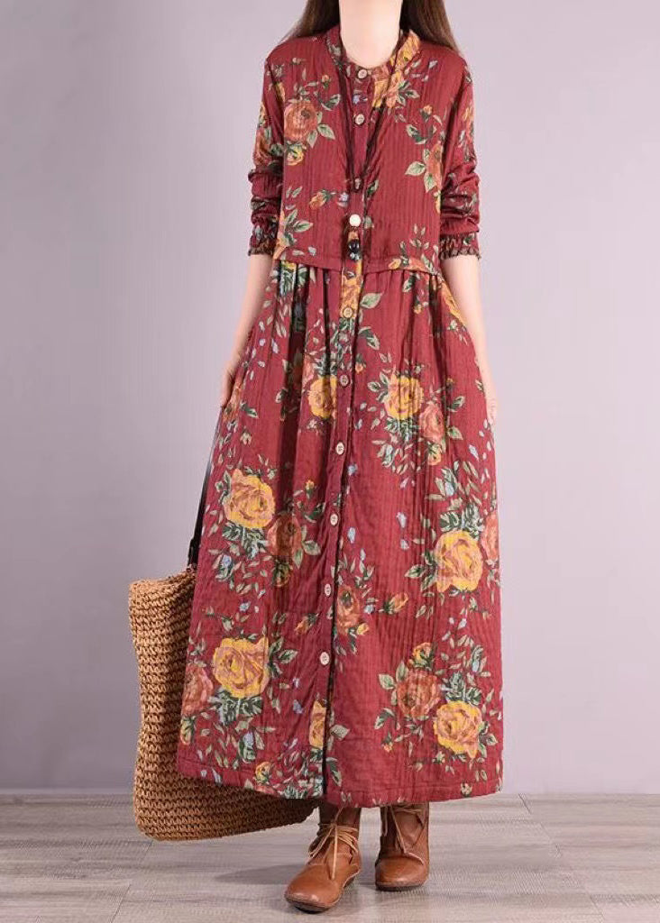 Bohemian Red Stand Collar Print Patchwork Cotton Long Dresses Fall