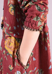 Bohemian Red Stand Collar Print Patchwork Cotton Long Dresses Fall