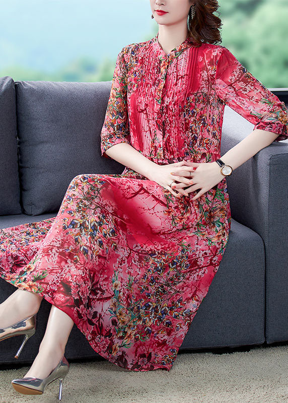 Bohemian Red Stand Collar Print Wrinkled Chiffon Vacation Dresses Half Sleeve