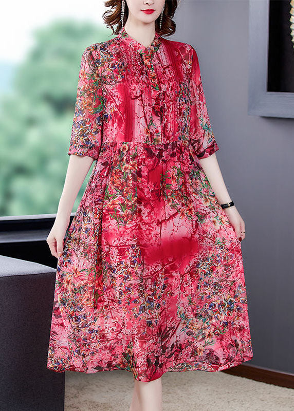 Bohemian Red Stand Collar Print Wrinkled Chiffon Vacation Dresses Half Sleeve