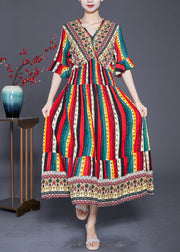 Bohemian Red Striped Cotton Vacation Dresses Flare Sleeve
