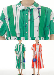 Bohemian Red Striped Peter Pan Collar Print Cotton Maxi Shirt Dress Summer
