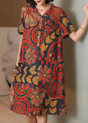 Bohemian Red V Neck Button Print Patchwork Cotton Mid Dress Summer
