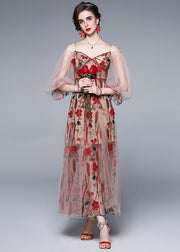 Bohemian Red V Neck Embroidered Patchwork Tulle Dress Lantern Sleeve
