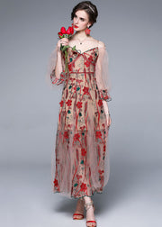 Bohemian Red V Neck Embroidered Patchwork Tulle Dress Lantern Sleeve