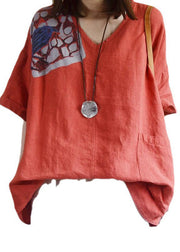 Bohemian Red V-Ausschnitt Lose Taschen Herbst Shirt Tops Halbarm