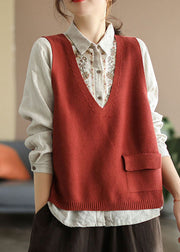 Bohemian Red V Neck Patchwork Cotton Knit Vest Sleeveless