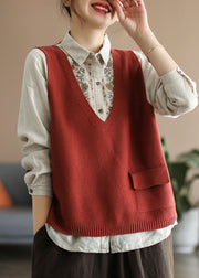 Bohemian Red V Neck Patchwork Cotton Knit Vest Sleeveless