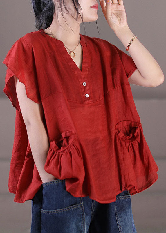 Bohemian Red V Neck Patchwork Cotton Linen Tank Tops Short Sleeve