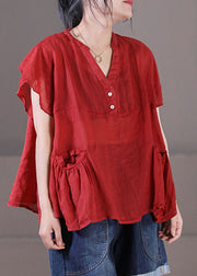 Bohemian Red V Neck Patchwork Cotton Linen Tank Tops Short Sleeve