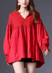 Bohemian Red V Neck Patchwork Knit Pullover Spring