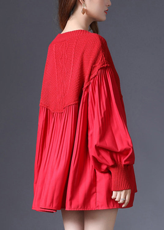 Bohemian Red V Neck Patchwork Knit Pullover Spring