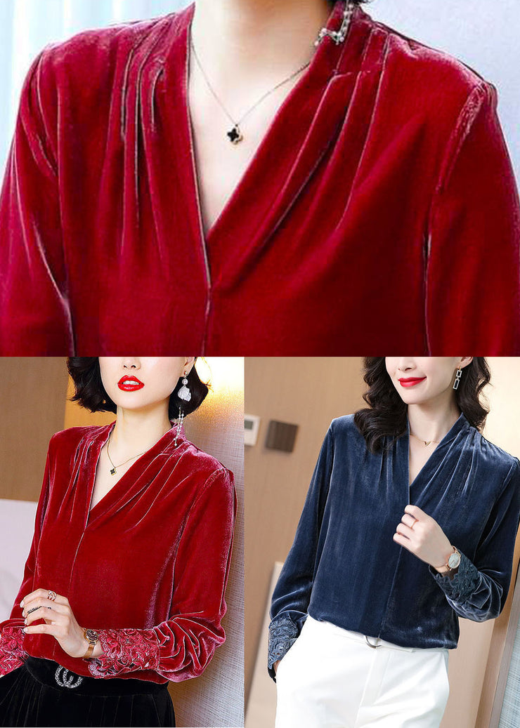 Bohemian Red V Neck Patchwork Silk Velour Shirt Tops Long Sleeve