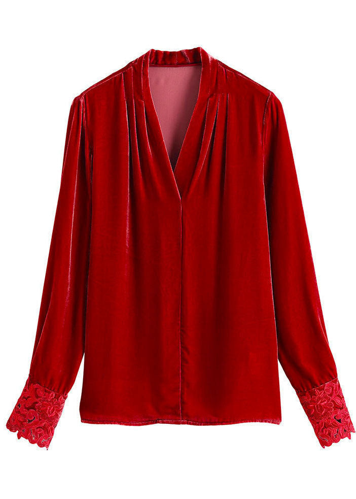 Bohemian Red V Neck Patchwork Silk Velour Shirt Tops Long Sleeve