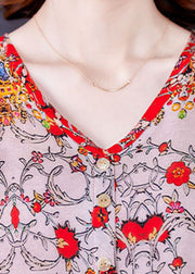 Bohemian Red V Neck Print Draping Chiffon Long Dresses Short Sleeve