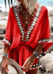 Bohemian Red V Neck Wrinkled Elastic Waist Print Mid Dress Half Sleeve