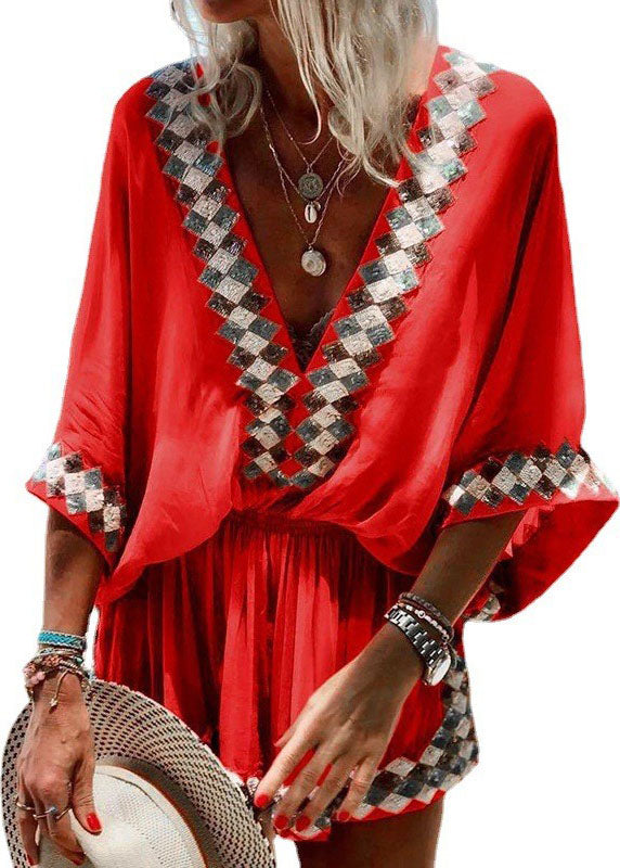 Bohemian Red V Neck Wrinkled Elastic Waist Print Mid Dress Half Sleeve