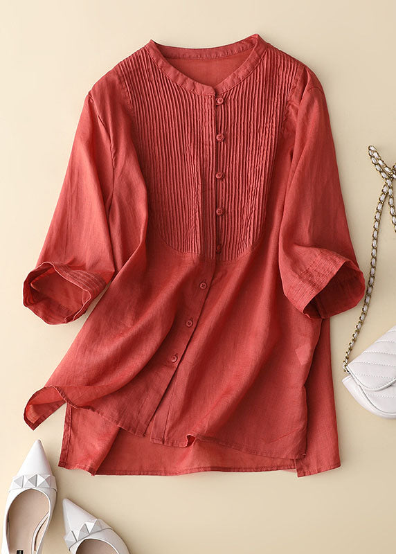 Bohemian Red Wrinkled Patchwork Linen Shirt Tops Bracelet Sleeve