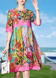 Bohemian Rose O-Neck Print Patchwork Silk Beach Dresses Short Sleeve